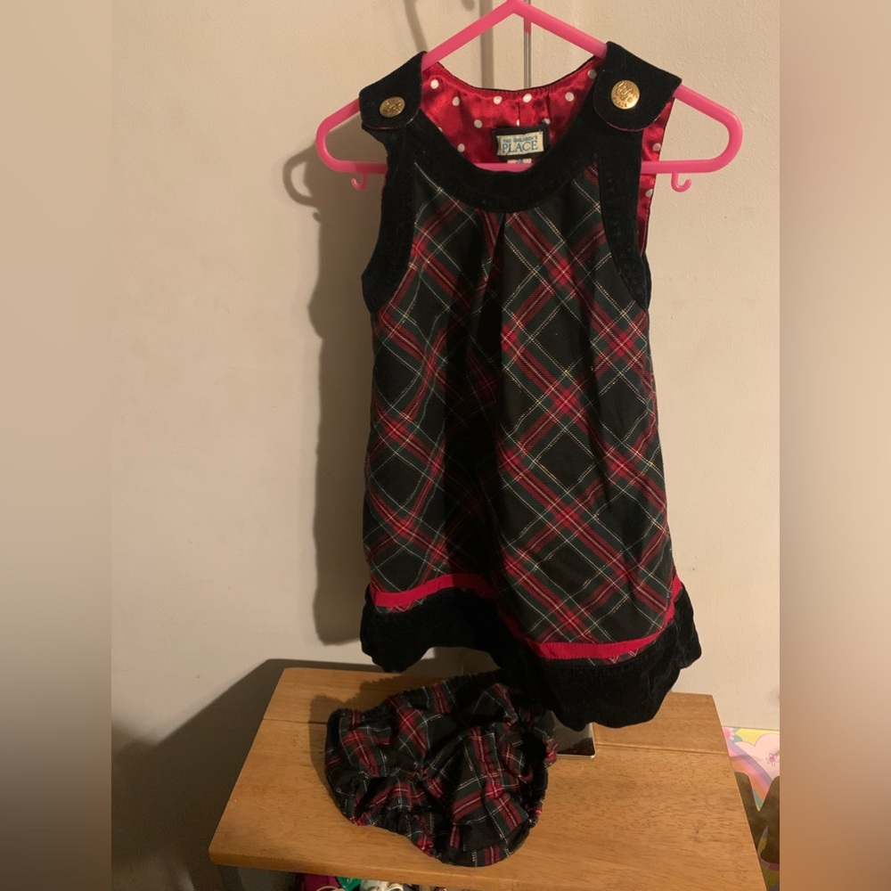 CHILDRENS PLACE PLAID CHRISTMAS DRESS WITH DIAPER COVER 2 PC 24 Months